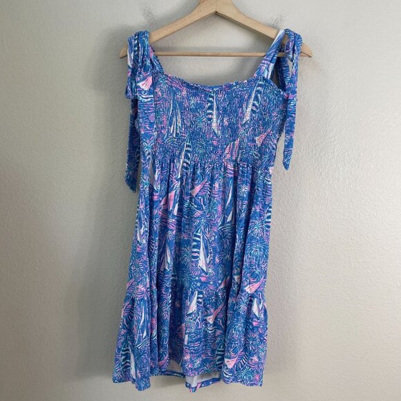 Lilly Pulitzer Womens XL Kailua Smocked Dress Blue Sleeveless - Picture 14 of 15